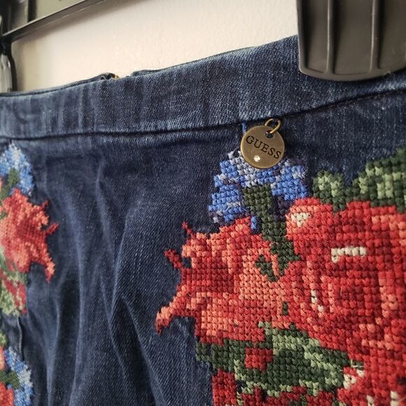 Guess Cross-stitch Embroidered Jean Mini Skirt 27 - Picture 3 of 7
